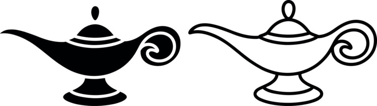 Black and white illustration of magic lamp with swirling flame design