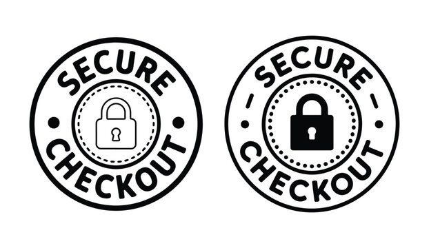 Two secure checkout vector illustration badges in black and white