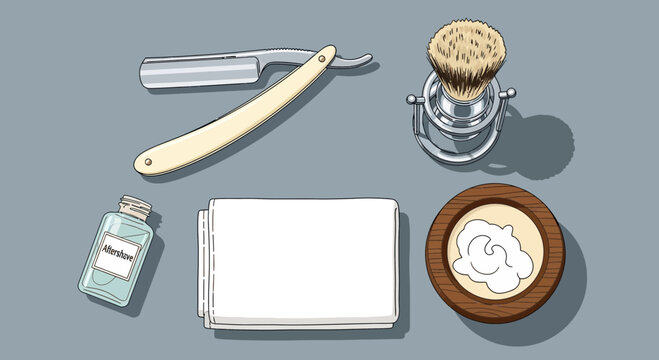 Shaving kit with razor and brush.