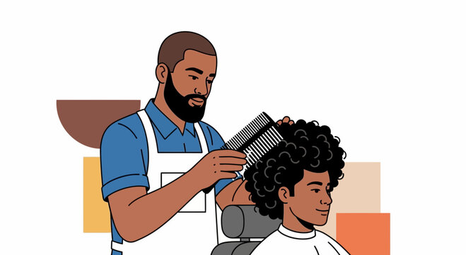 Man getting curly hair cut by barber.