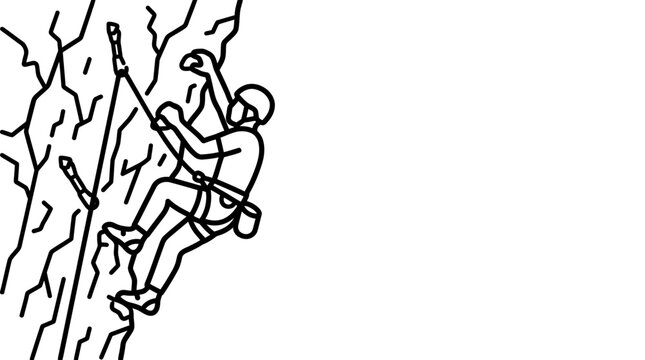 Minimalist outline drawing of a rock climber ascending a steep cliff face.