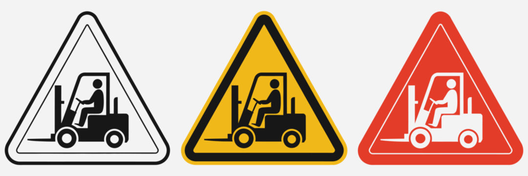 forklift safety signs vector set featuring attention symbols, industrial danger warnings and warehouse hazard templates, workplace security signage collection, caution transport equipment icons illust