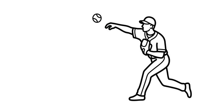 Black and white line drawing of a baseball player throwing a ball.
