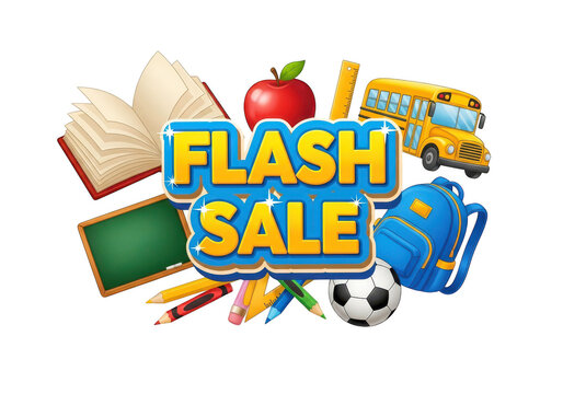 Back to school flash sale graphic with yellow bus and school supplies isolated on transparent background
