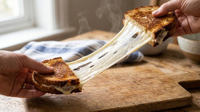 Close-Up of Stretchy, Melted Vegan Mozzarella Style Cheese Pull on Panini