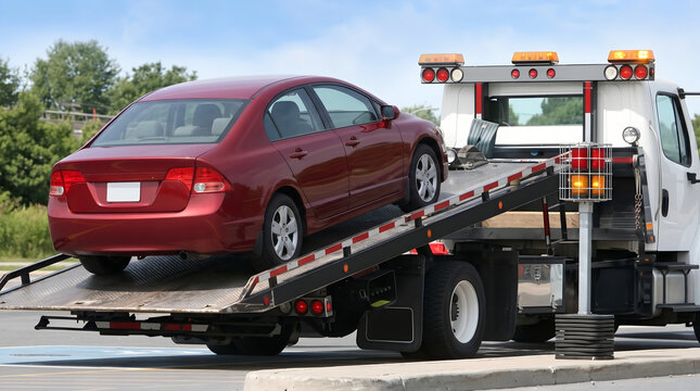 A broken-down red car being towed by a truck