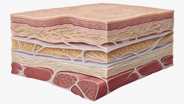  Anatomical model of connective tissue layers in neutral tones, medical illustration style. 