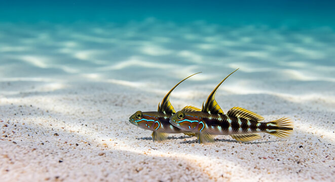 Pair of colorful signal gobies with high dorsal fins resting on pristine white sand under turquoise marine water, showing neon markings. Highly detailed macro underwater wildlife close-up photography.