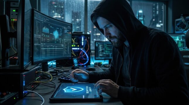 Man using a tablet with a security check shield icon on the screen in a dark, atmospheric workspace at night. The lighting is