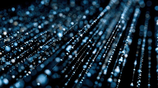 Drops of water fall in a dark space creating a pattern of lines and dots, as the light reflects off the surfaces at a particular moment in time