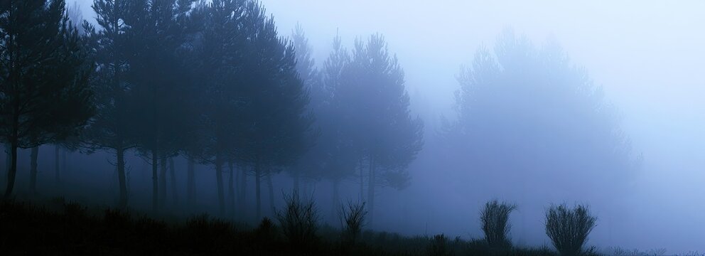 Ethereal forest scene shrouded in dense, cool blue mist, obscuring distant trees