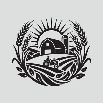 Farm emblem with barn tractor fields sun and wheat stalks within circular border of leaves and branches rural agriculture stylized.