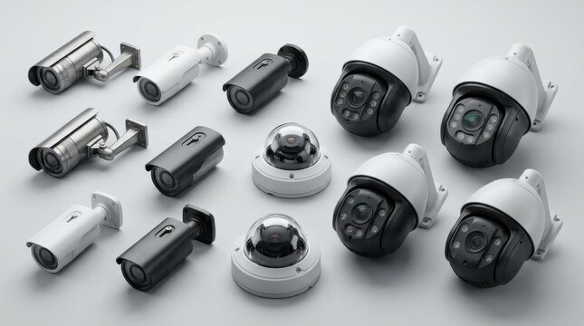 Collection of different security camera models displayed as a set against a neutral studio background. The set includes bullet