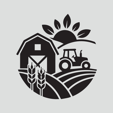 Farm emblem with barn tractor fields sun and wheat stalks within circular border of leaves rural agriculture simplified stylized.