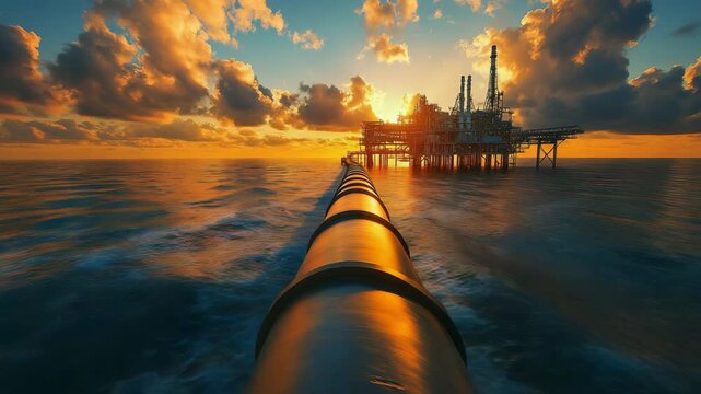 Massive offshore oil pipeline leading toward industrial drilling platform during dramatic ocean sunset showing global energy production petroleum transportation modern fuel infrastructure industry
