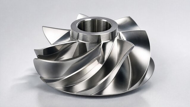  Stainless steel impeller with metallic reflections under industrial lighting. 