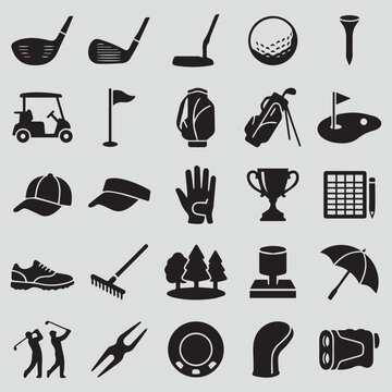 Collection of twenty five black minimalist golf icons featuring essential sporting gear like drivers wedges putters balls tees bags flags carts scorecards shoes visors gloves umbrellas and tools.