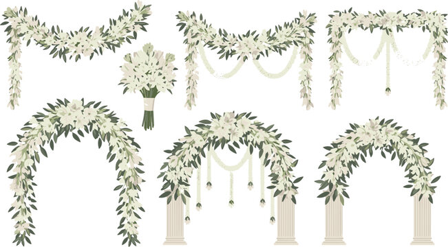 Wedding floral vector illustration set with white tuberose arches garlands bouquets columns isolated on white background.