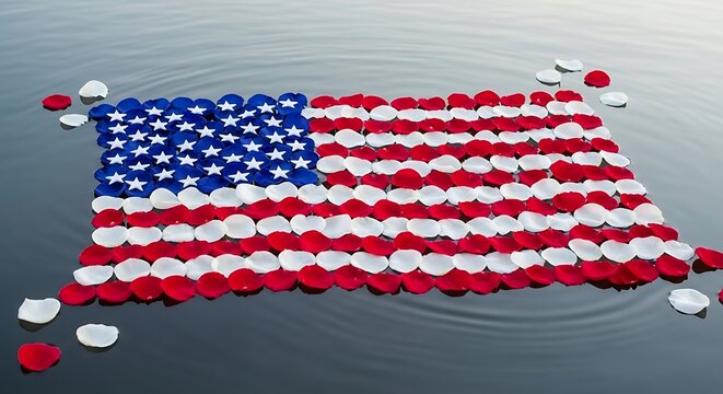 American independence day celebration with rose petals forming the us flag on water
