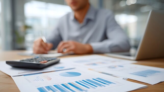 A focused individual works at a desk engaged in financial analysis and planning using documents and technology