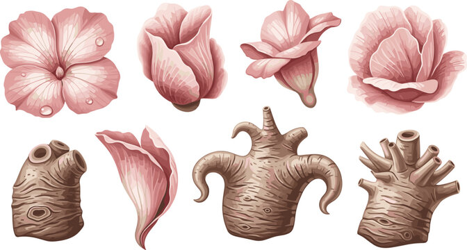 Desert rose botanical elements vector illustration set with pink caudex stem roots flowers isolated on white background.