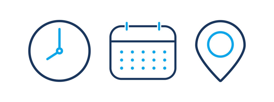 Time, date, and address icon. clock, calendar, and location elements for deadlines, scheduling, and time management. Useful date and address details for navigation symbol. Vector illustration.