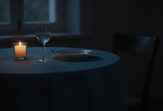 A dimly lit dinner table set for one, featuring a candle, an empty wine glass with water, plates, cutlery, and a chair under soft ambient light from a window.
