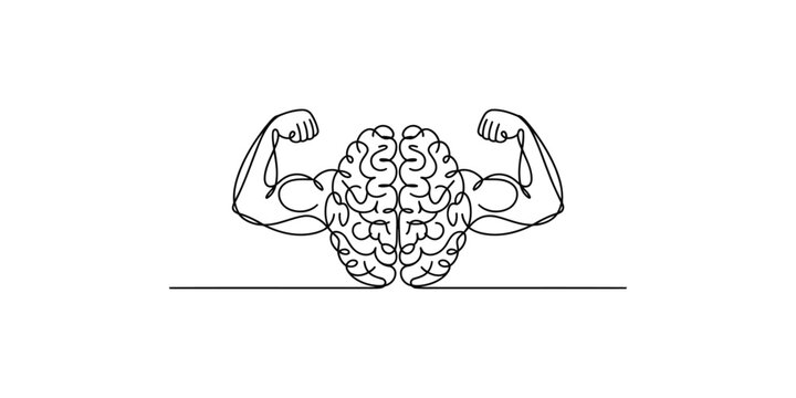 A line drawing of a brain with flexed muscular arms on a white background showing strength and intelligence