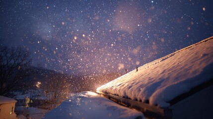 Fototapeta premium Snow falls gently on a rooftop in a small town during the evening, creating a winter scene with scattered lights in the background