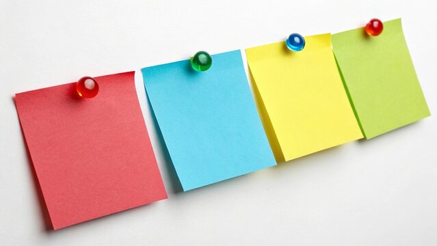 Colorful Blank Sticky Notes with Push Pins on White Background - Organization and Planning Concept
