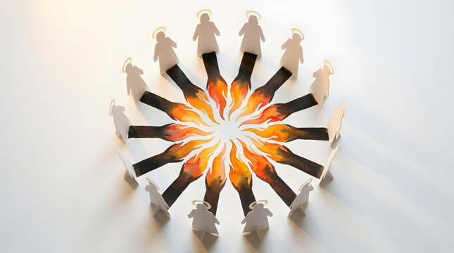 Pentecost paper cutout figures with watercolor fire shadows flat lay