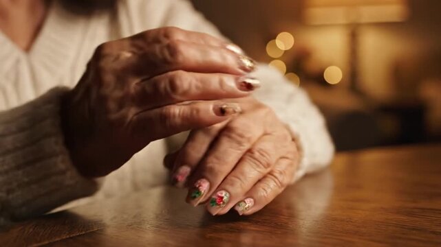 Close up of hands with painted nails resting on a table