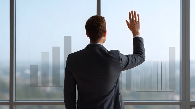 A person stands in an office looking out a large window extending a hand in a gesture of reflection and aspi n