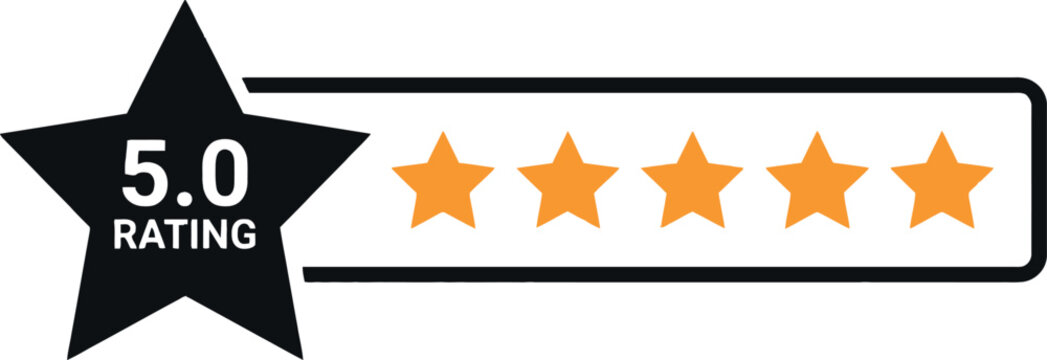 Five star rating graphic with black starburst and gold stars isolated on transparent background