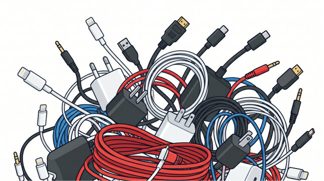 Collection of various electronic cables and chargers.