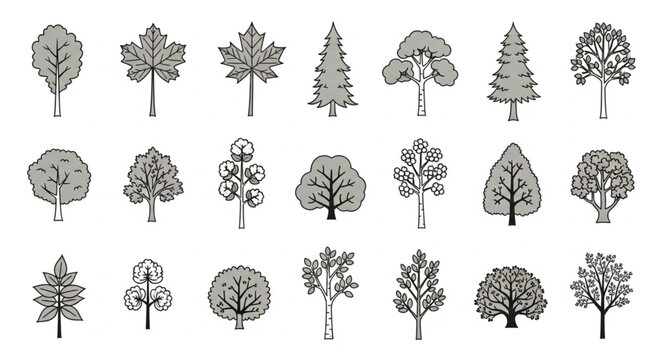 Collection of Hand Drawn Tree Illustrations in Various Styles.