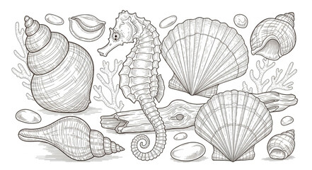 Collection of Seashells and Seahorse Illustration. © Gaseyuk