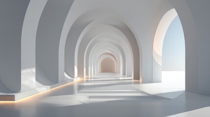 Fototapeta premium Modern architectural tunnel with white arches and natural light, minimal design for futuristic interior space