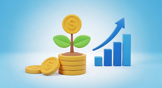 3D rendered stack of gold coins with a sprout and rising financial bar chart investment currency business analysis financial