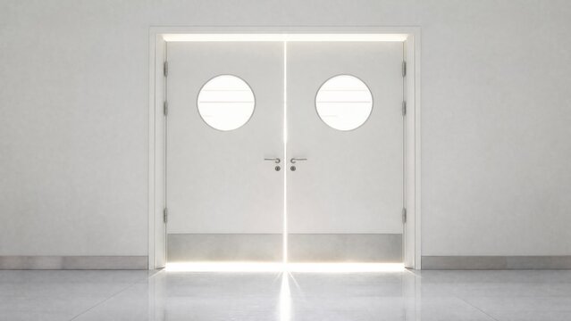  White double doors with round window, light streaming through, minimalist passage. 