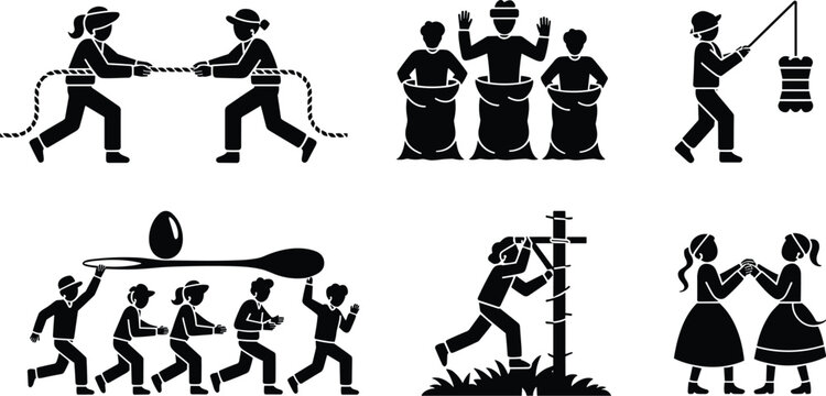 Traditional Outdoor Field Games Icon Set with Tug of War Sack Race and Egg Spoon Race for Festivals Picnics and Sports Day Designs