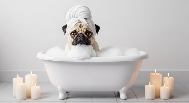 A cute pug dog sits relaxed in a porcelain bathtub filled with fluffy white bubbles, wearing a small towel wrap and surrounded by candles, funny, serene, suds