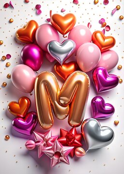 Letter m balloon with pink and metallic hearts for party