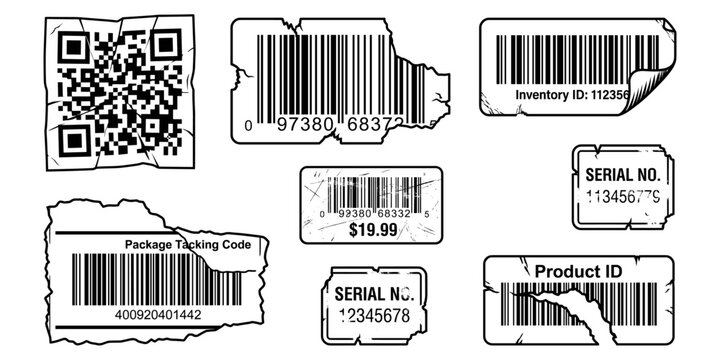 Damaged barcodes qr codes and serial number stickers. Damaged barcodes, crumpled QR code labels, product ID stickers with torn edges. Vector illustration.