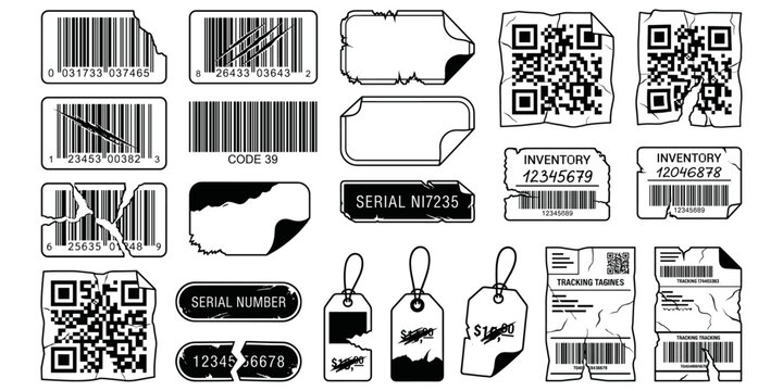 Damaged barcodes, crumpled QR code labels, product ID stickers with torn edges. Set of black and white damaged and blank barcodes qr codes and labels. Vector illustration.