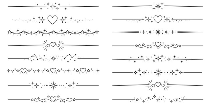 Set of elegant page dividers with hearts stars and decorative ornaments. Decorative sparkle star dividers, minimalist line borders with magical sparkles. Vector illustration.