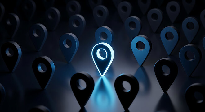 Glowing map pin pointer concept among dark background with location navigation technology destination position interactive internet abstract direction orientation