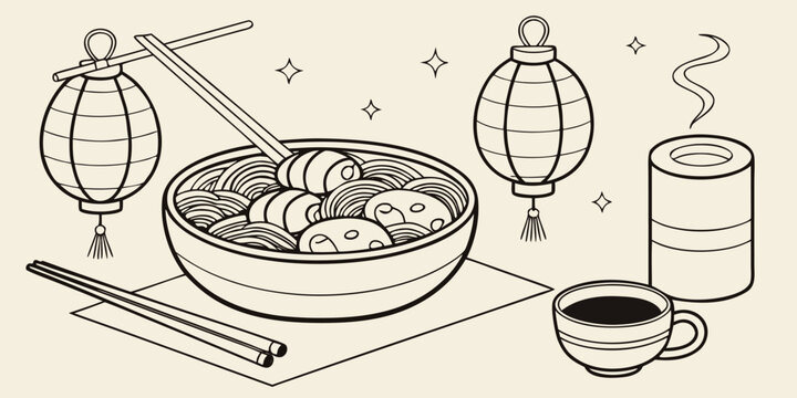 Asian food celebration with a large bowl of noodles, two hanging lanterns, and hot beverage