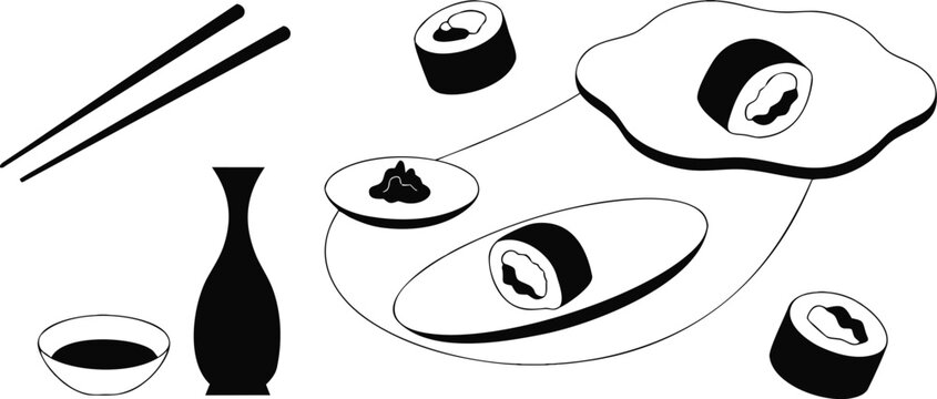 Abstract sushi components line art with maki rolls chopsticks and soy sauce