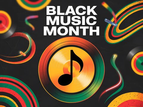 Black music month celebration poster with colorful vinyl records and musical notes on a dark background